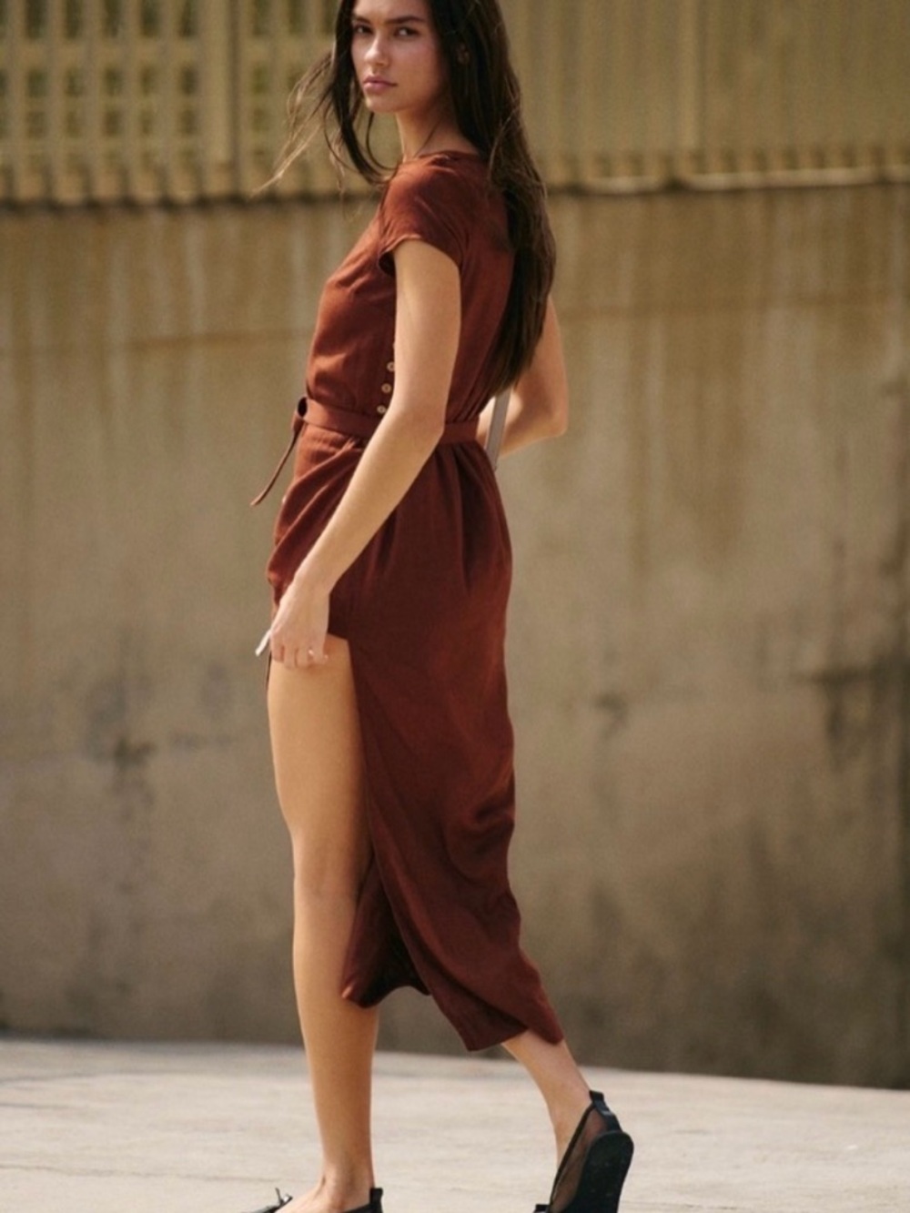 Free People NWT Rust Linen Blend Midi Dress Belted Button Detail Size XL - Picture 2 of 6